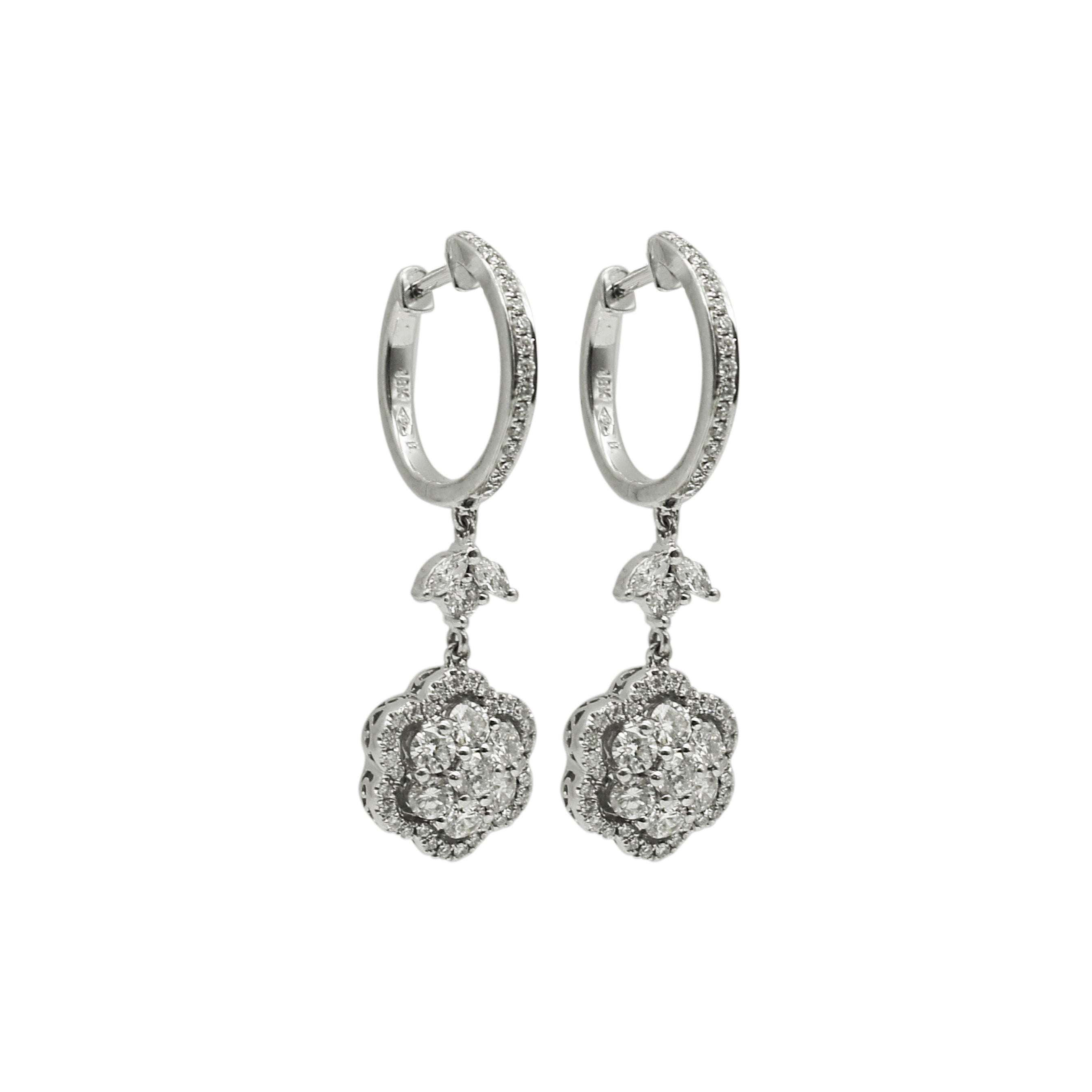 18K White Gold 1.0 tcw Diamond FLower Drop Earrings