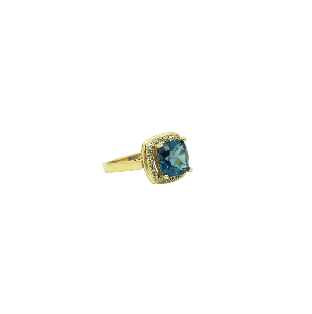 14K Yellow Gold Blue Topaz Diamond Halo Ring