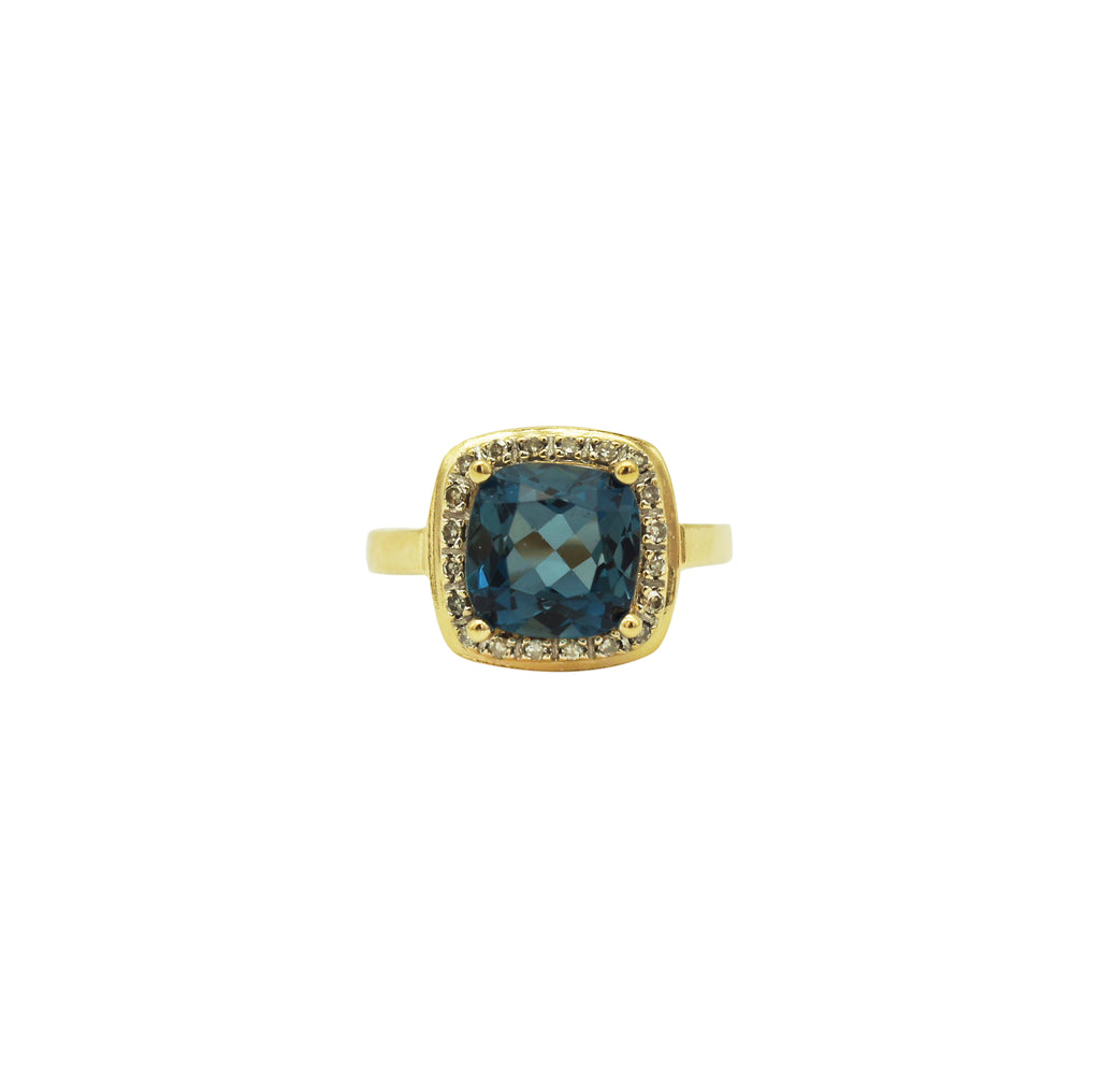 14K Yellow Gold Blue Topaz Diamond Halo Ring