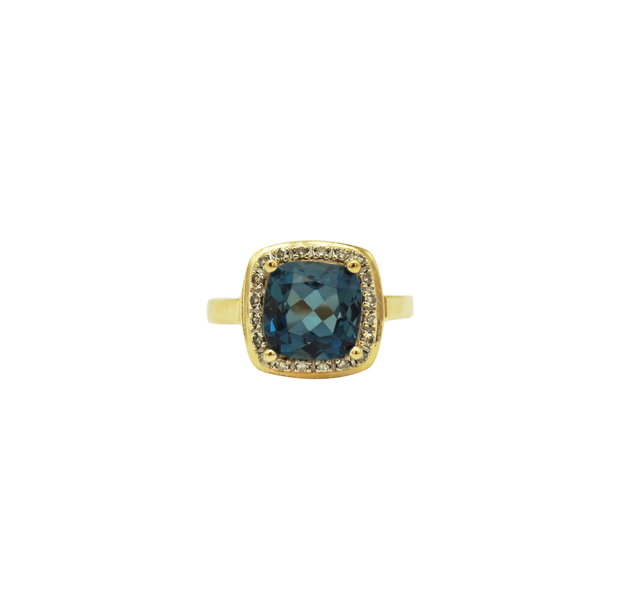 14K Yellow Gold Blue Topaz Diamond Halo Ring